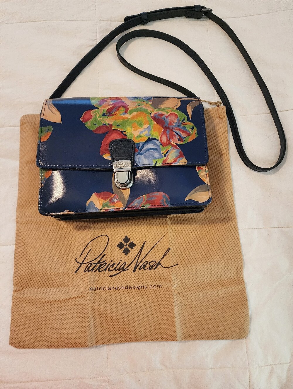 Patricia Nash Le Fleur Navy Floral Leather Purse Crossbody Bag